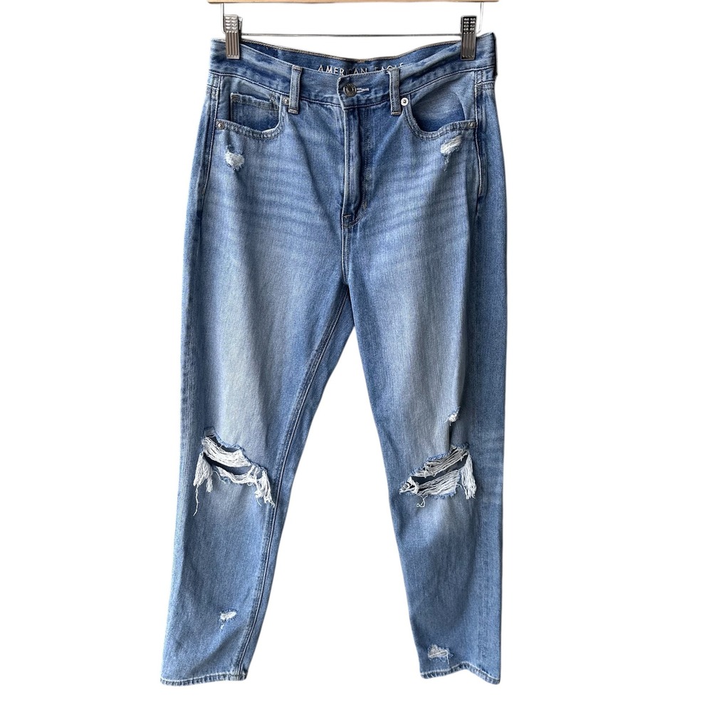 American Eagle Mom Jean Pants Light Blue Wash Distressed High Rise Denim Size 4